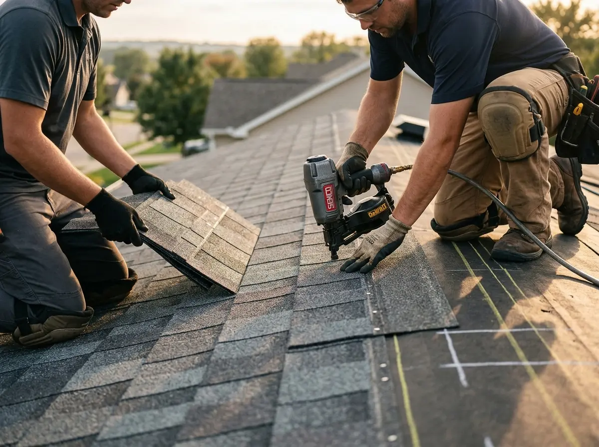 Professional roofer working on a residential roof in Safford